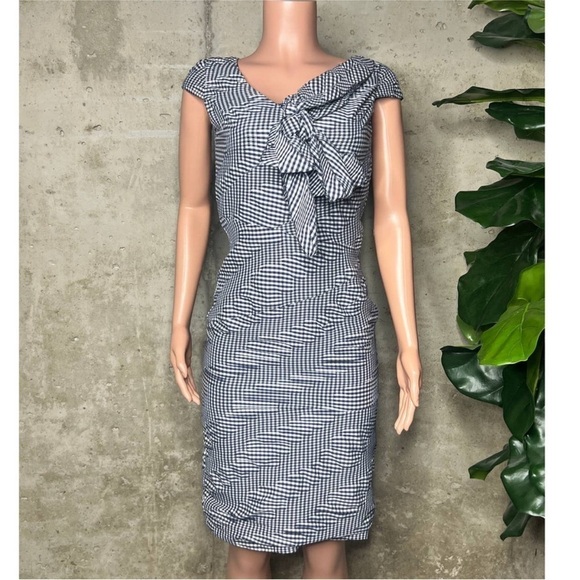 NWT OSCAR DE LA RENTA  Navy and White Check Cap Sleeve Dress Sz 8 - Picture 14 of 14
